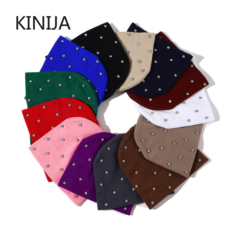 Beanie Cuffed Knit - Winter Knit Women Beanie Hat Rhinestone
